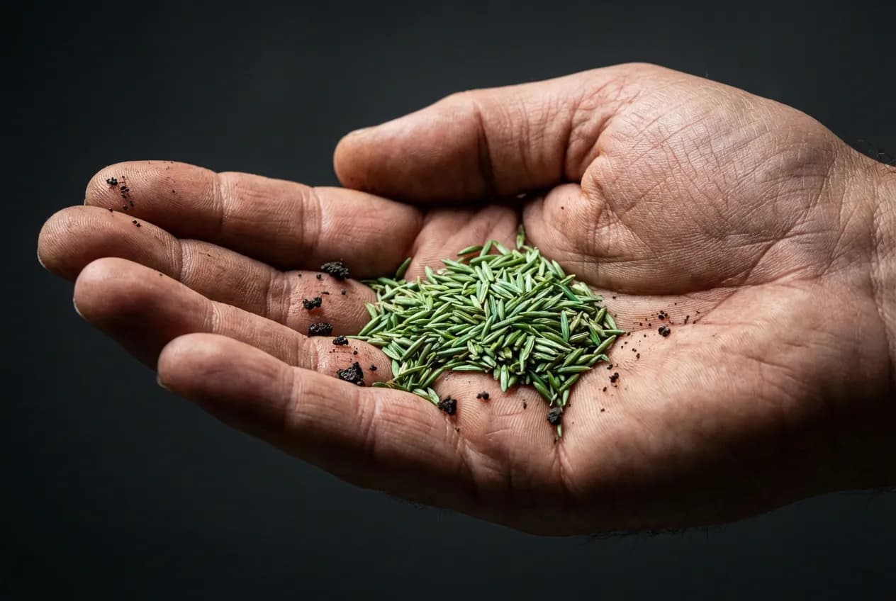 Primo piano di una mano a coppa che tiene semi di prato verdi e brillanti, simbolo della preparazione alla semina.