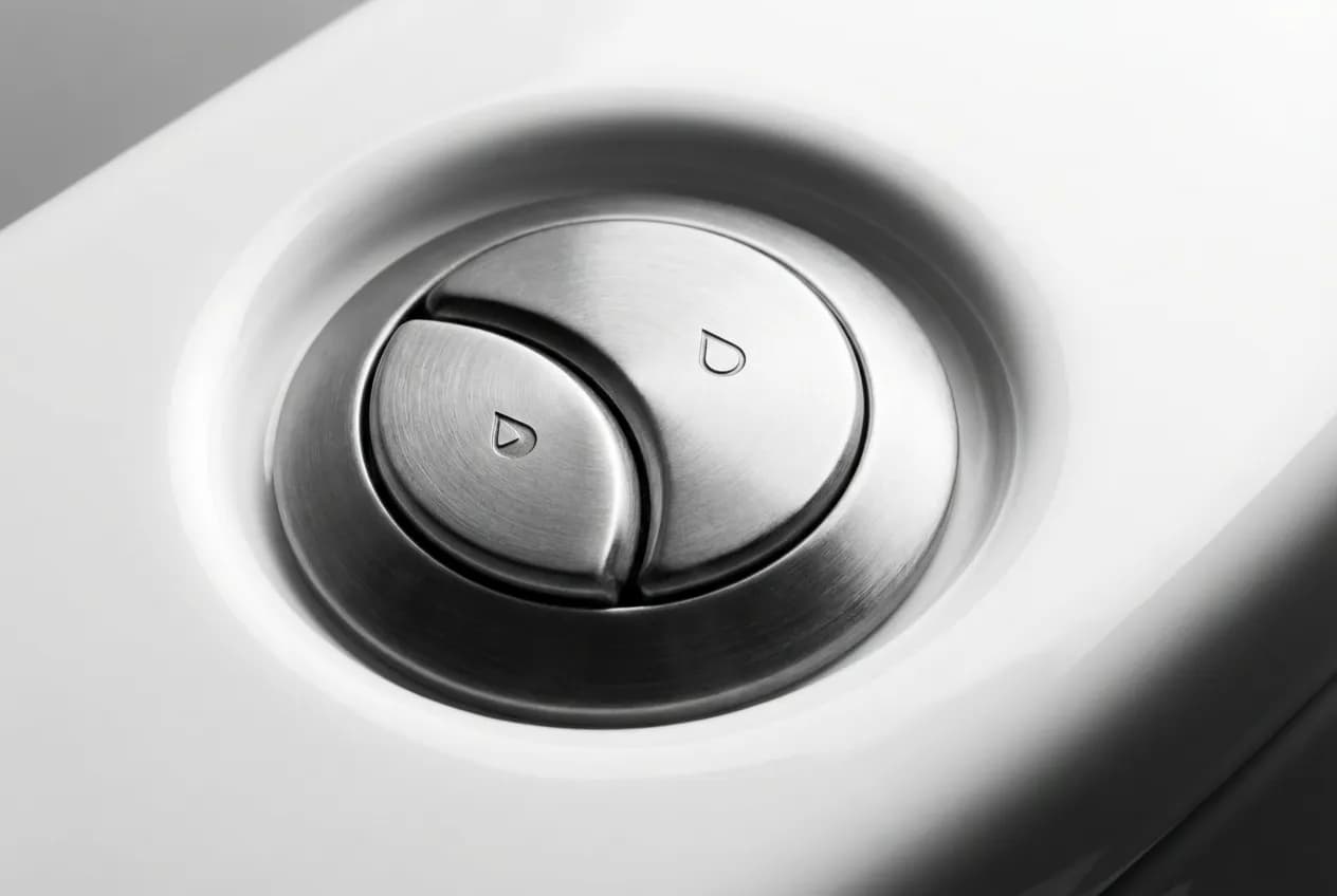 Gros plan sur un bouton de chasse d'eau moderne à double flux, alternative écologique au WC à pas rapide.