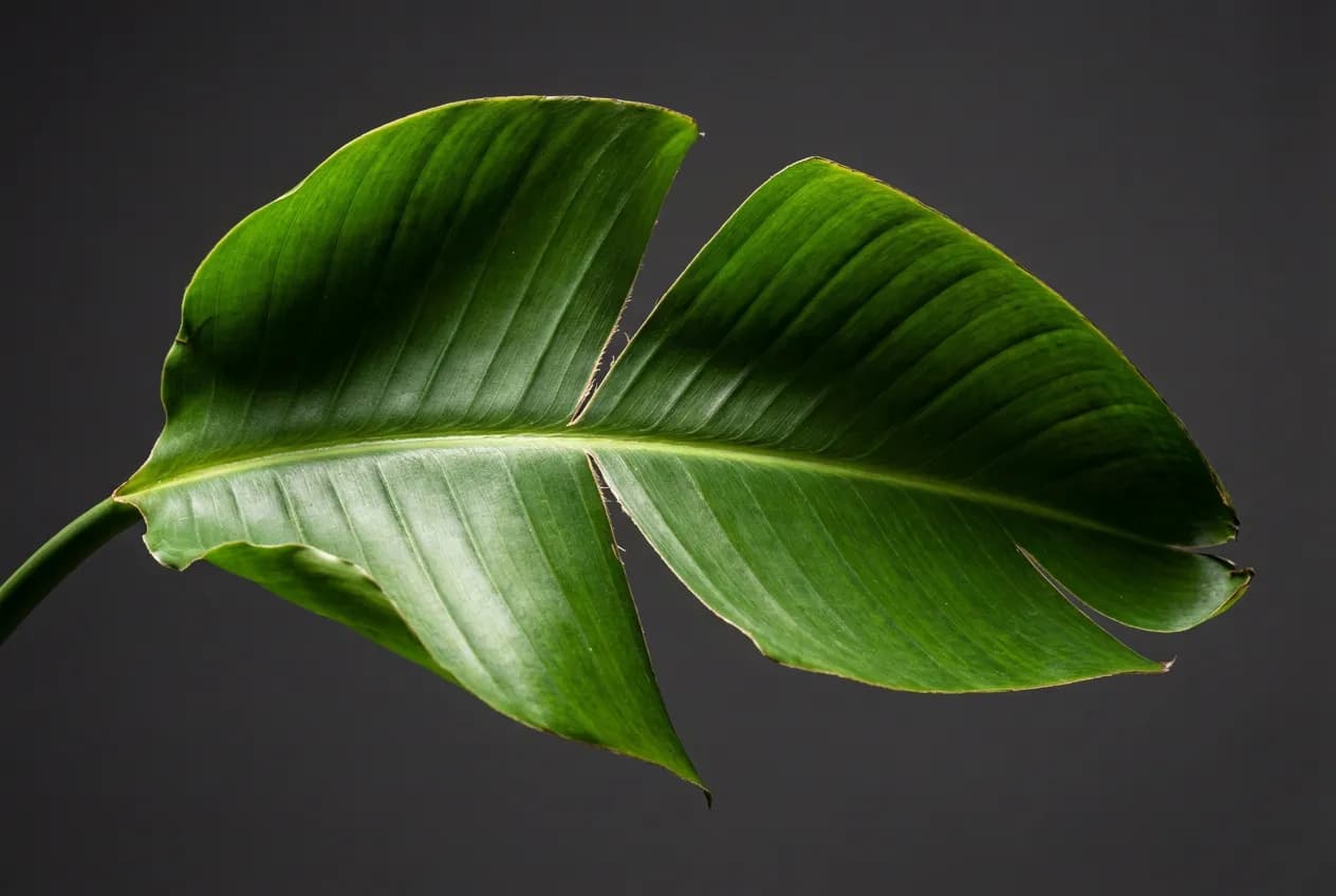 Gros plan iconique d'une feuille de Strelitzia nicolai déchirée sur un fond sombre et uni.