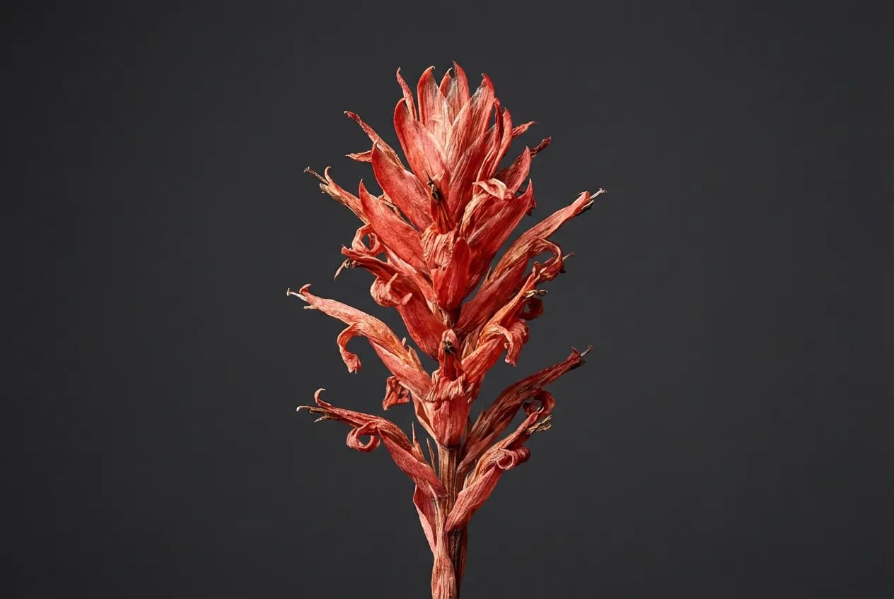 Miniature d'une fleur de Vriesea sèche, photographiée en gros plan sur un fond neutre pour une lisibilité maximale.