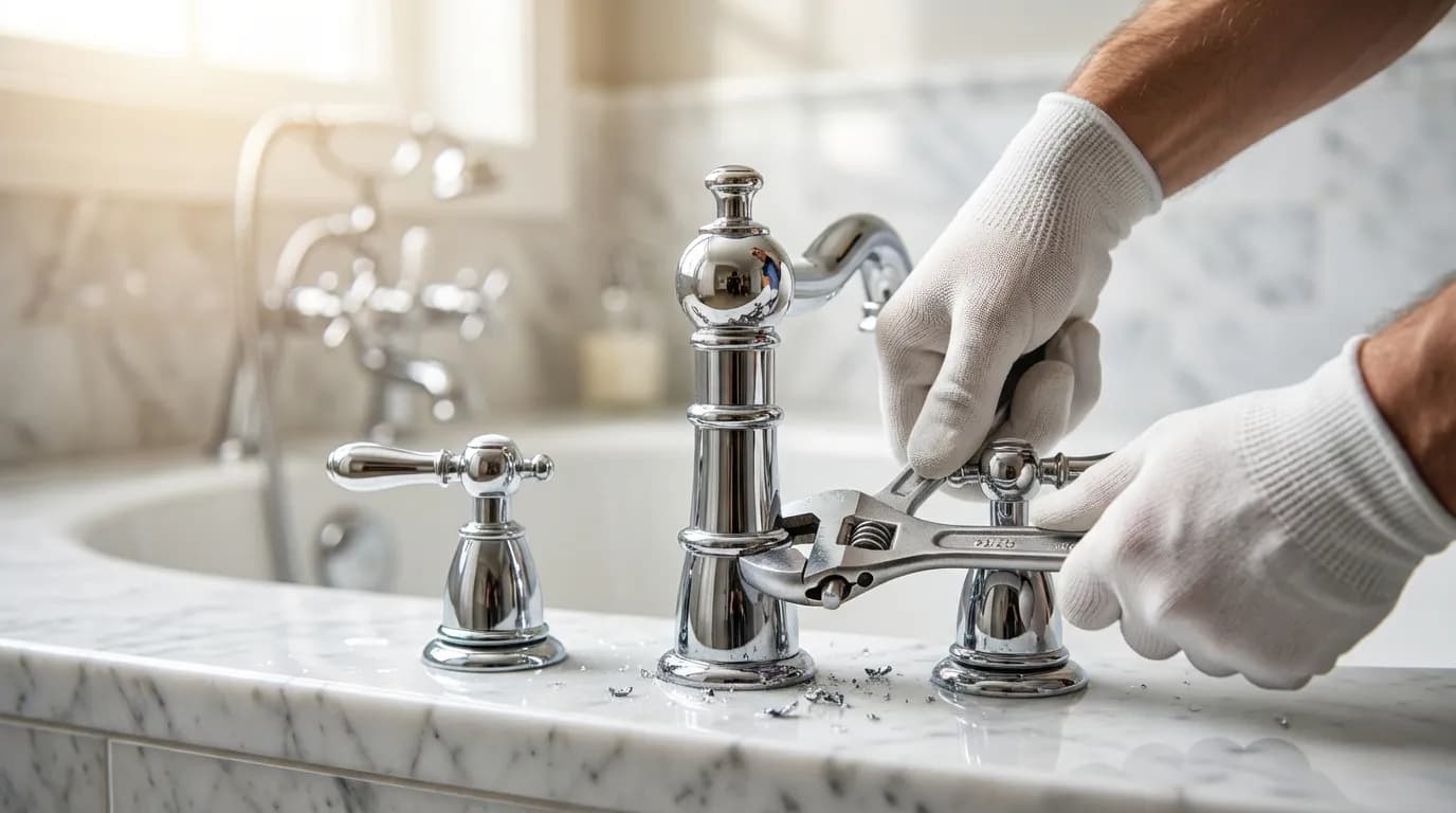 Image illustrative montrant les mains d'un installateur professionnel montant une robinetterie Jacuzzi avec des outils de précision.