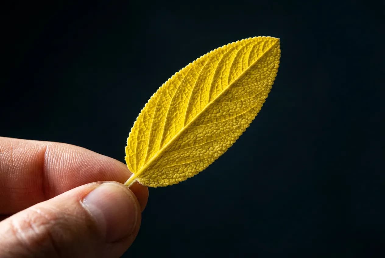 Salvia foglie gialle: cause, rimedi e come salvarla Gros plan iconique d'une feuille de sauge jaune tenue entre des doigts sur un fond sombre.
