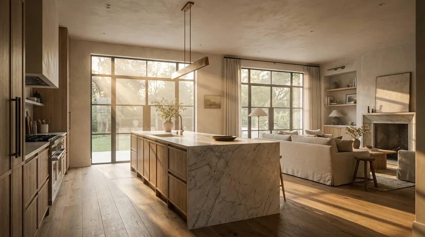 Open space cuisine et salon Vue panoramique d'un magnifique open space moderne et luxueux unissant cuisine et salon, baigné dans la lumière chaude du coucher de soleil.