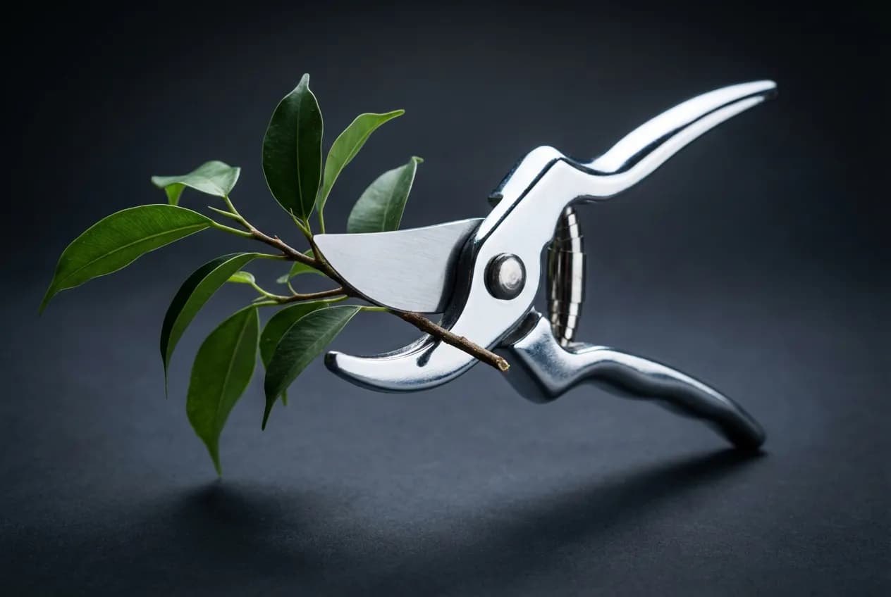 Potatura Drastica Ficus Benjamin: Quando e Come Farla Bene Gros plan sur un sécateur professionnel effectuant une taille drastique sur une branche de Ficus benjamin, sur un fond neutre.