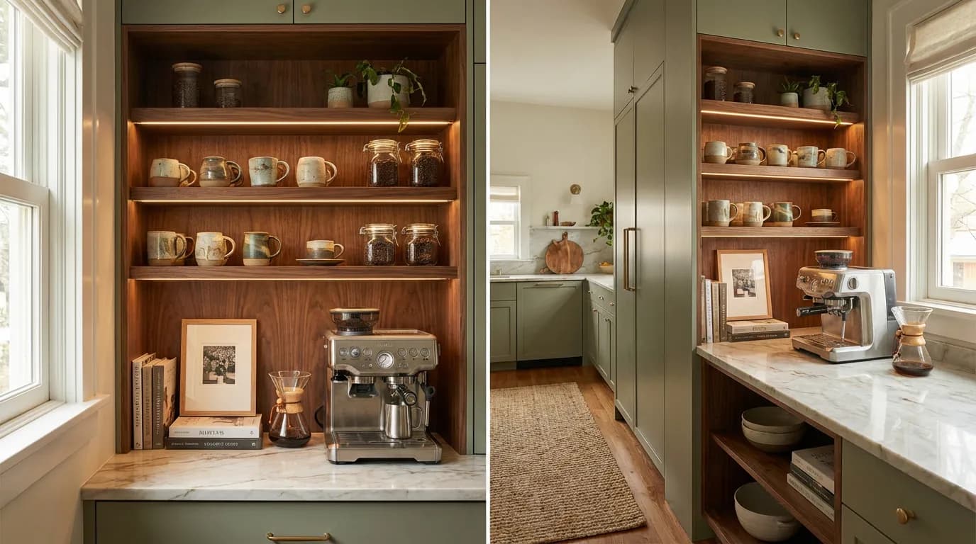 Idée d'aménagement pour l'espace vide Ancien espace pour réfrigérateur encastrable transformé en une niche à café design et fonctionnelle avec des étagères et un éclairage d'ambiance.
