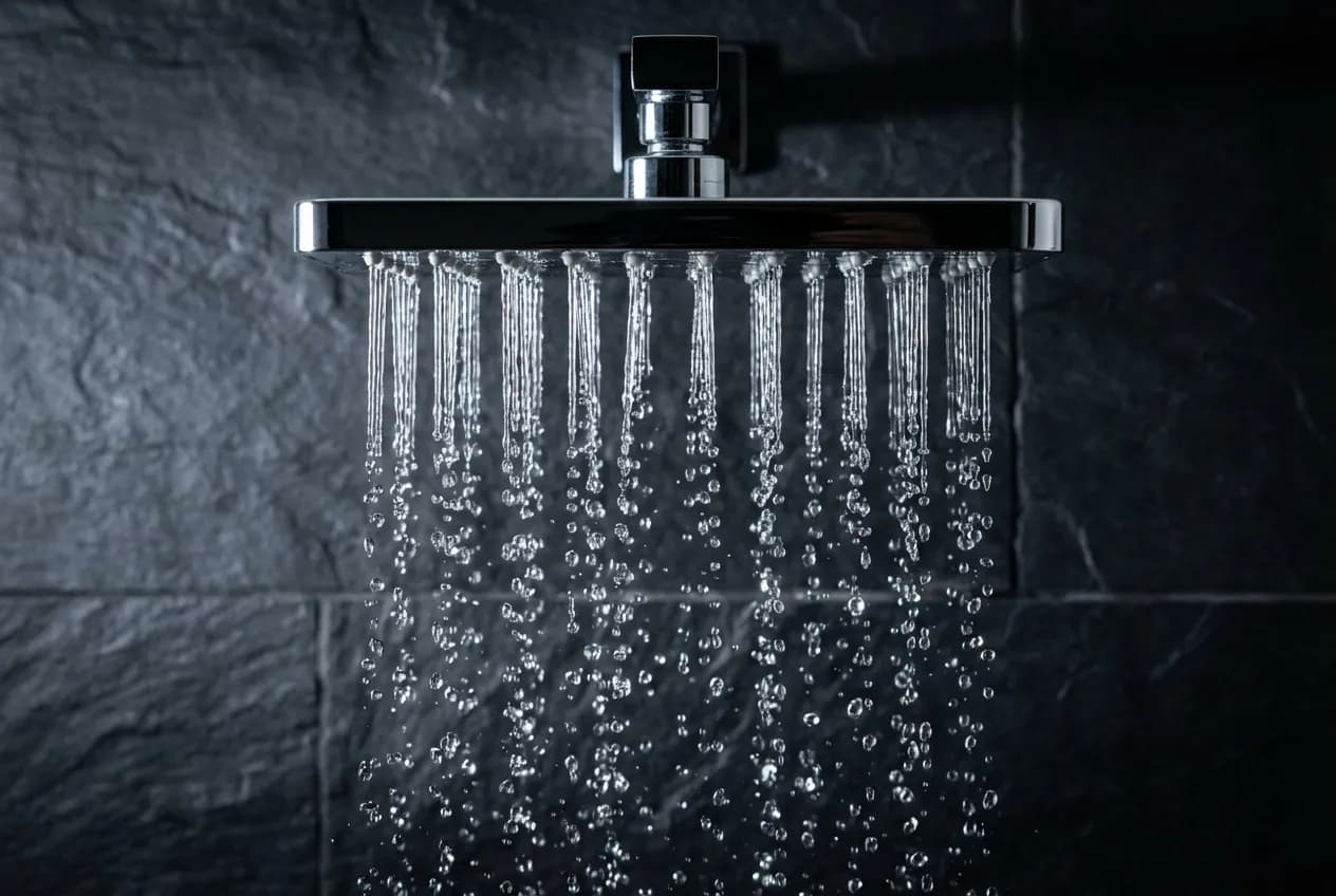 Doccia Walk In 120 cm: Opinioni, Prezzi e Pro Contro Gros plan sur un pommeau de douche effet pluie moderne, mettant en évidence la clarté et le mouvement de l'eau.