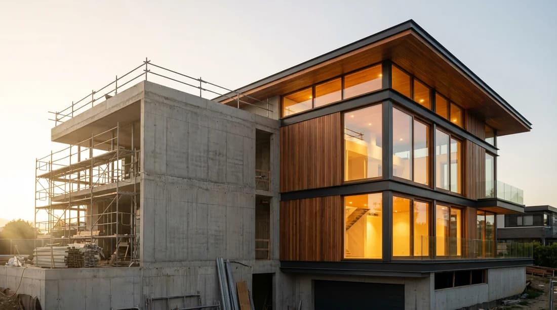 Progetti di casa: dalla visione alla realtà Ampia veduta cinematografica di una casa di design moderno in fase di ristrutturazione al tramonto, che mostra il contrasto tra la struttura grezza e le finiture di lusso.