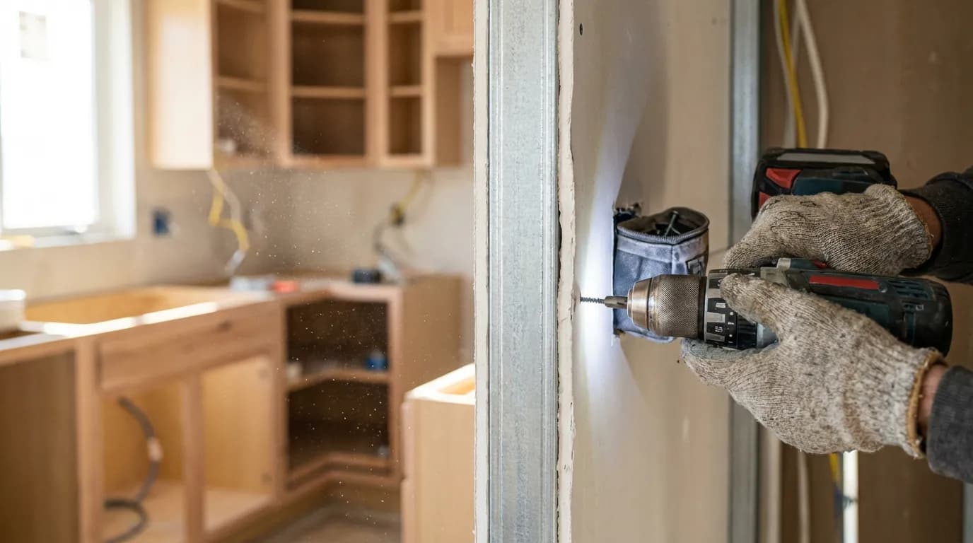 Installation d'une Veletta en Cartongesso Un artisan qualifié en pleine action, installant une structure en cartongesso au-dessus des armoires de cuisine avec une perceuse électrique.