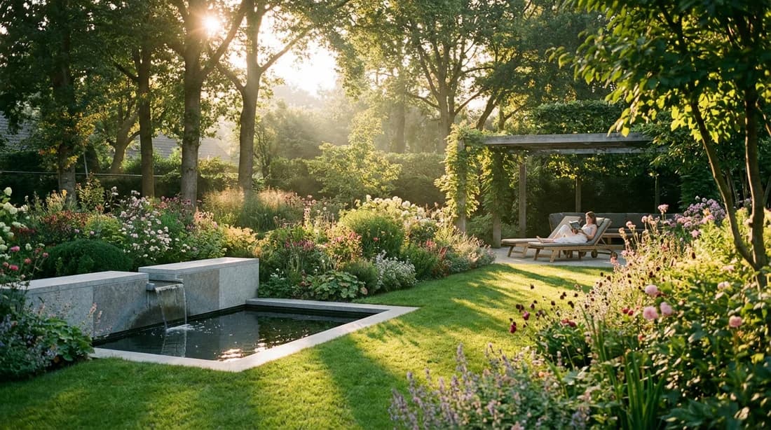 Jardin de Rêve au Crépuscule Vue panoramique d'un jardin paysager de luxe au coucher du soleil, avec une pelouse verdoyante et des parterres de fleurs colorés, créant un coin de paradis.