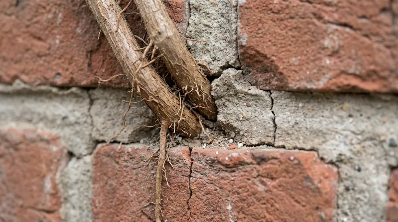 Danni Causati dall'Edera sul Muro Immagine ravvicinata che mostra i robusti viticci dell'edera rampicante che si insinuano nelle crepe di un muro di mattoni, illustrando uno dei contro e dei potenziali danni strutturali.