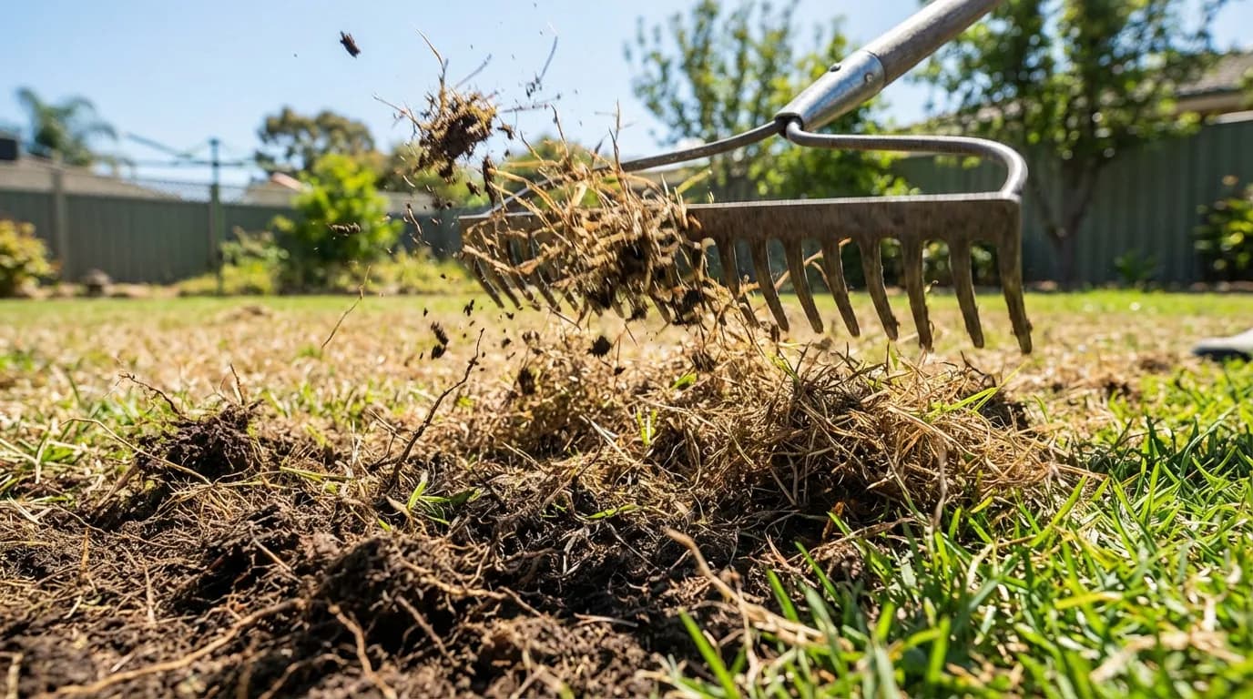 Préparation du Prato pour la Semis Image détaillée montrant l'action de ratisser et de défeutrer une pelouse pour la préparer à la semence de la dichondra.