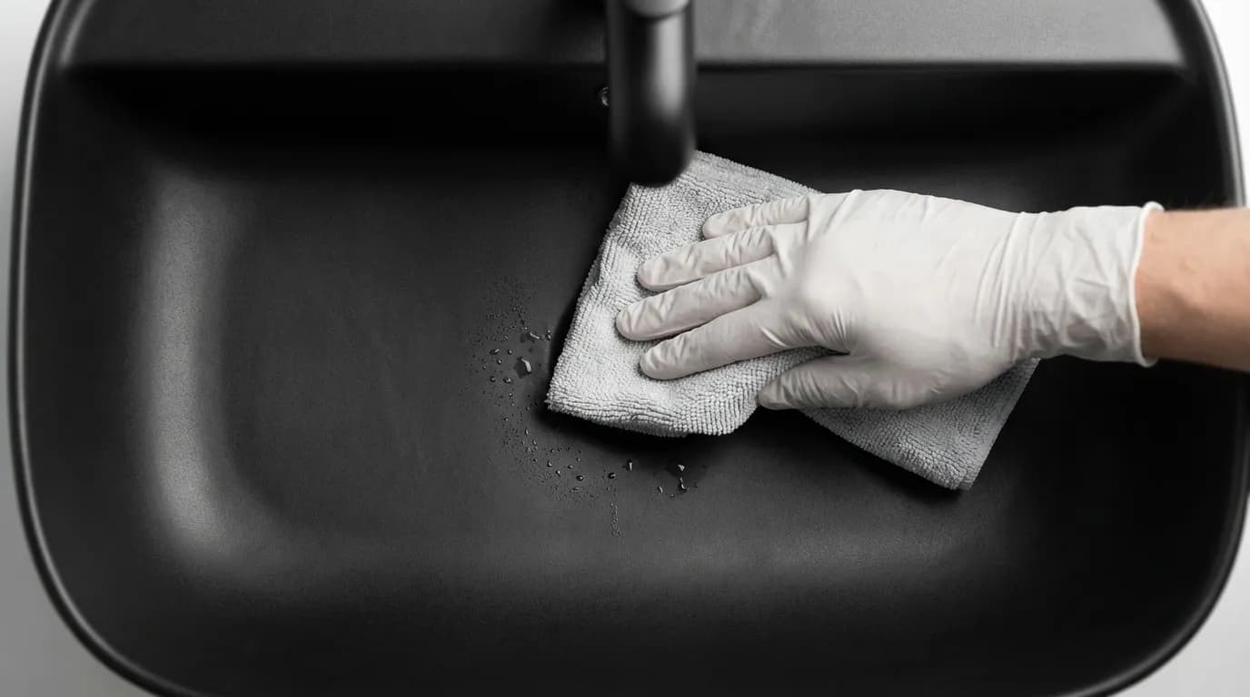 Entretien et Nettoyage des Sanitaires Noirs Personne nettoyant avec soin un lavabo en céramique noire mate à l'aide d'un chiffon doux, illustrant l'un des contre-arguments : l'entretien des sanitaires noirs.