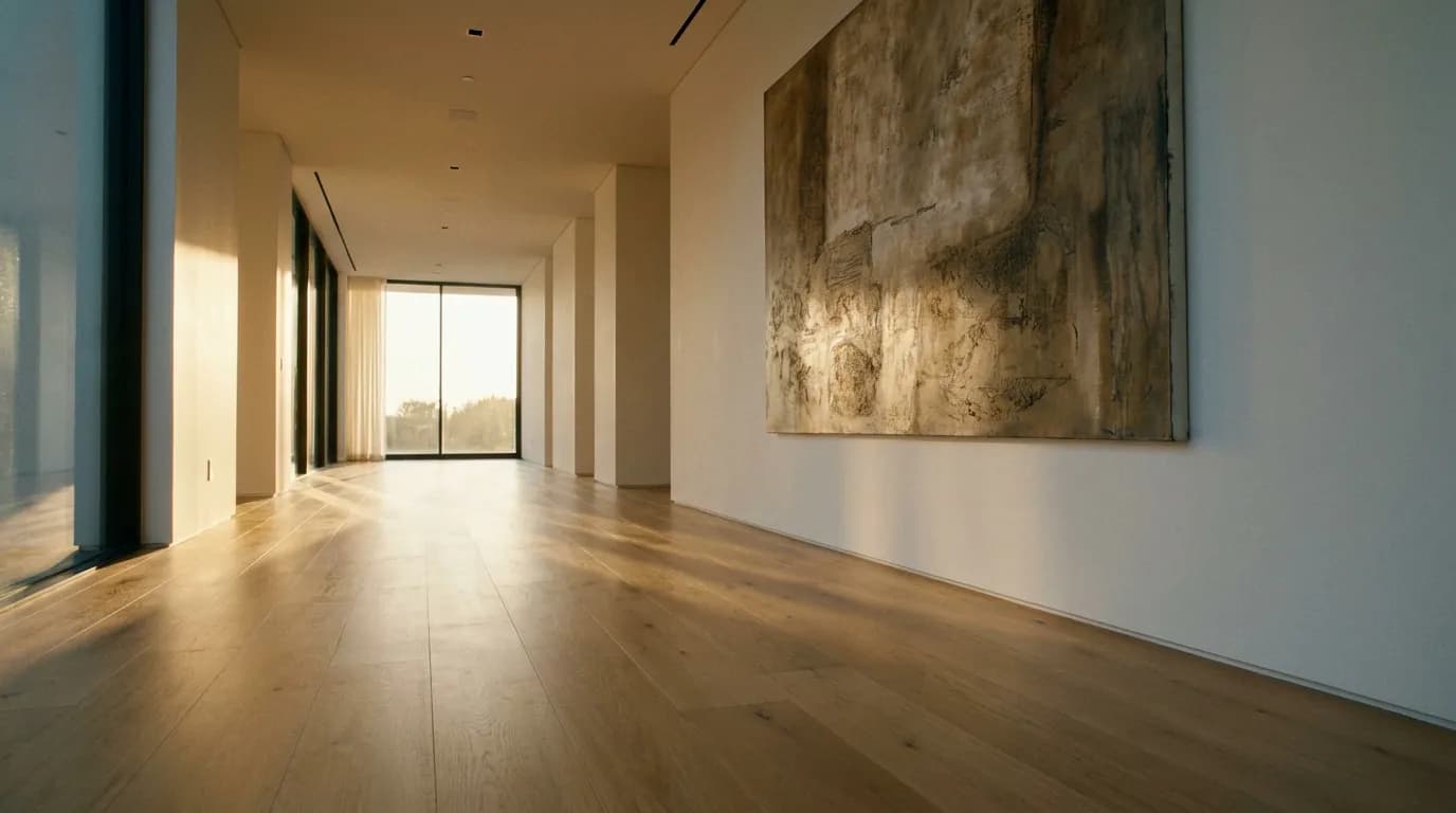 Couloir large et design Vue d'un couloir large et lumineux dans une maison moderne, baigné par la lumière du soleil couchant, illustrant l'importance de la largeur pour le confort et l'esthétique.