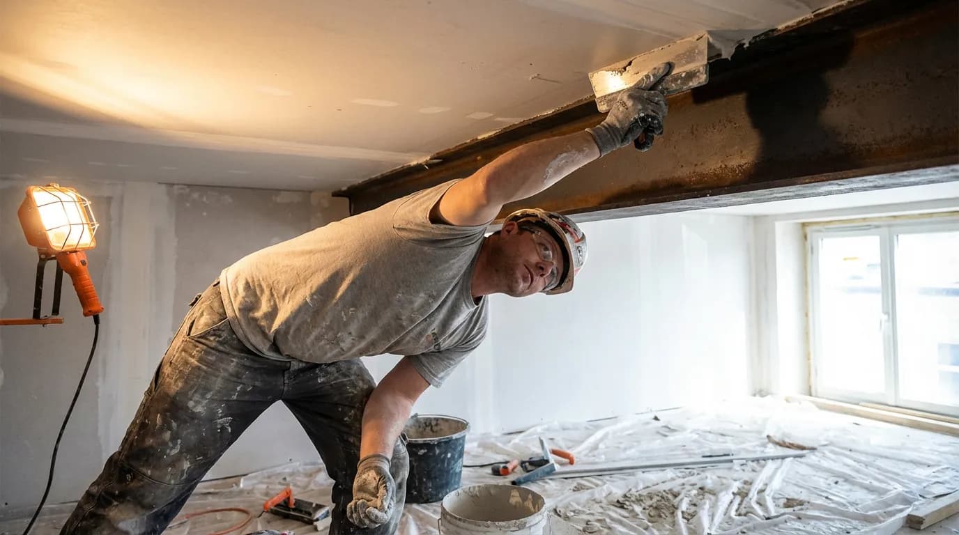 Travaux de finition du nouvel open space Un ouvrier en plein travail de finition, lissant l'enduit sur la nouvelle poutre de soutien après l'abattement du mur entre la cuisine et le salon.