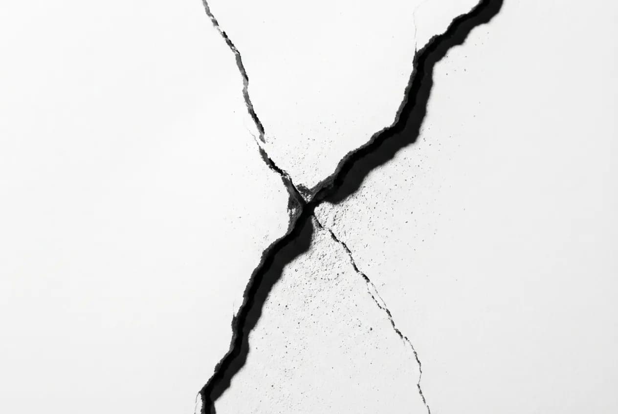 Abbattere muro cucina-sala: guida a costi e permessi 2024 Gros plan symbolique d'une fissure apparaissant sur un mur blanc, représentant la première étape pour abattre une cloison entre la cuisine et le salon.