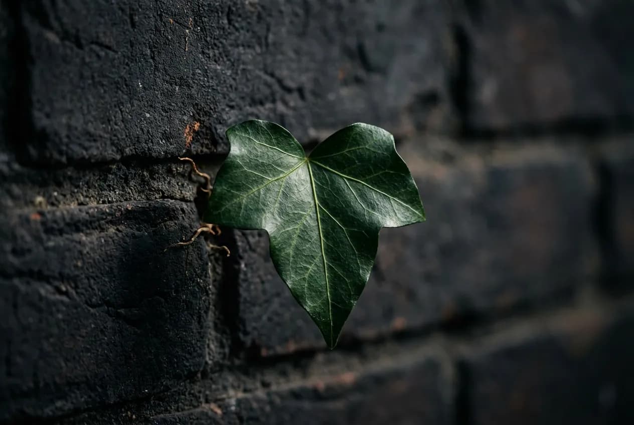 Edera Rampicante Pro e Contro: Guida a Muri, Rischi e Vantaggi Dettaglio macro di una singola foglia di edera rampicante su un muro di mattoni scuri, con un forte contrasto che ne esalta la forma e la texture.
