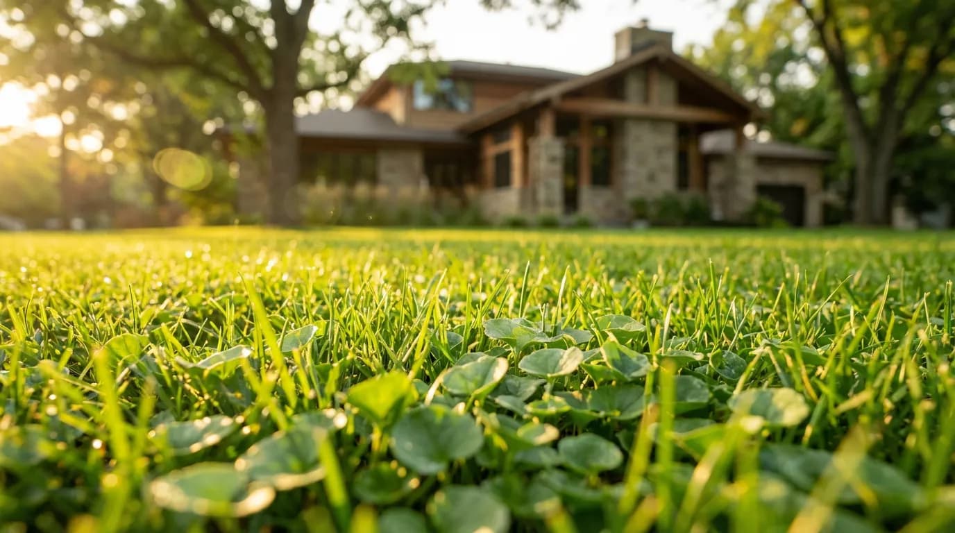 Pelouse de Rêve avec Dichondra Vue cinématographique d'une pelouse luxuriante parfaitement intégrée avec de la dichondra, baignée dans la lumière dorée du coucher de soleil, évoquant un résultat de jardinage idéal.