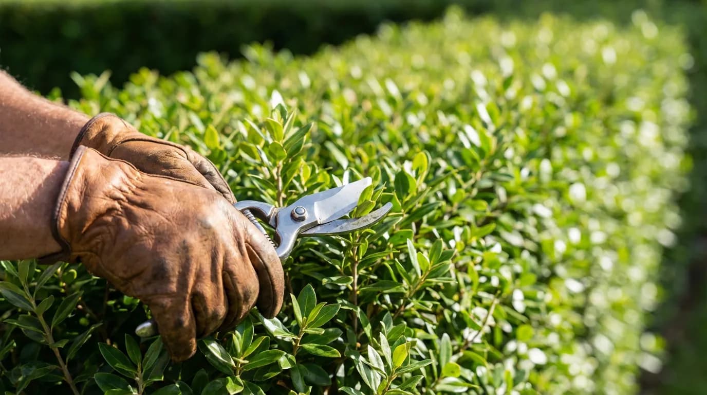 Taille et entretien de la haie de Metrosideros Mains d'un jardinier en train de tailler une haie de Metrosideros avec un sécateur professionnel pour en assurer l'entretien.