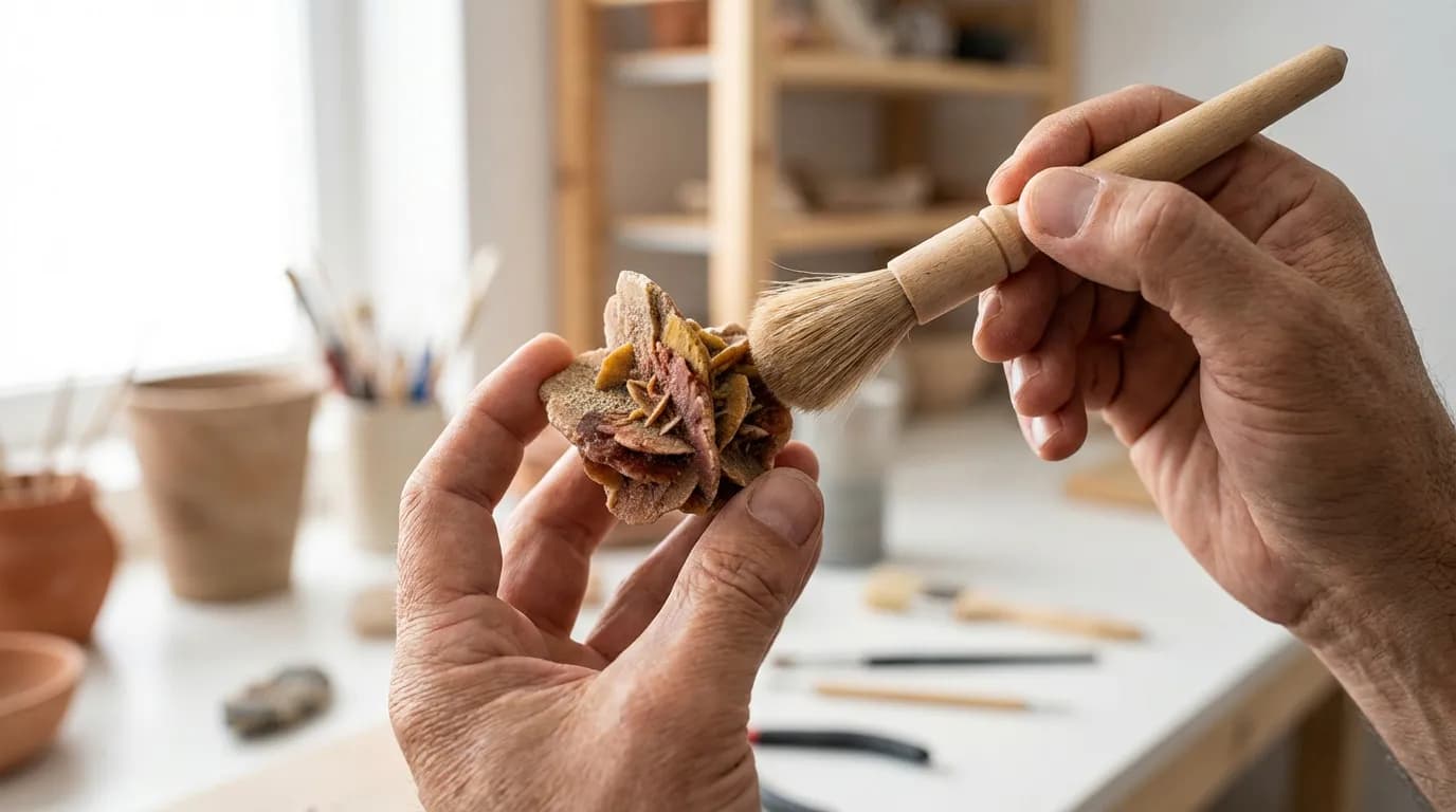 Nettoyage Sécurisé d'une Rose du Désert Image détaillée montrant la méthode de nettoyage à sec d'une rose du désert égyptienne colorée, en utilisant une brosse douce pour préserver sa structure fragile.