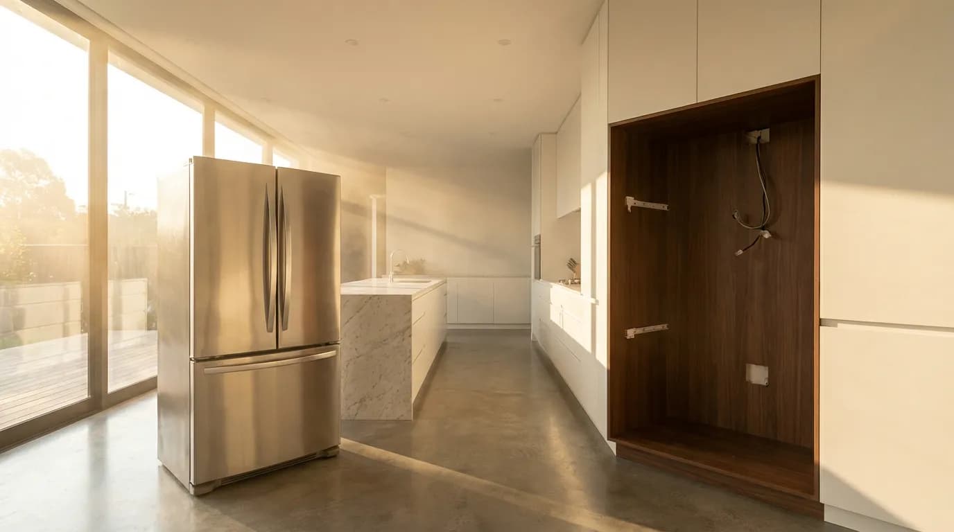 Rénovation de cuisine : avant et après Cuisine moderne et épurée montrant l'espace vide d'un ancien frigo encastrable à côté d'un nouveau réfrigérateur à pose libre, symbolisant la rénovation.