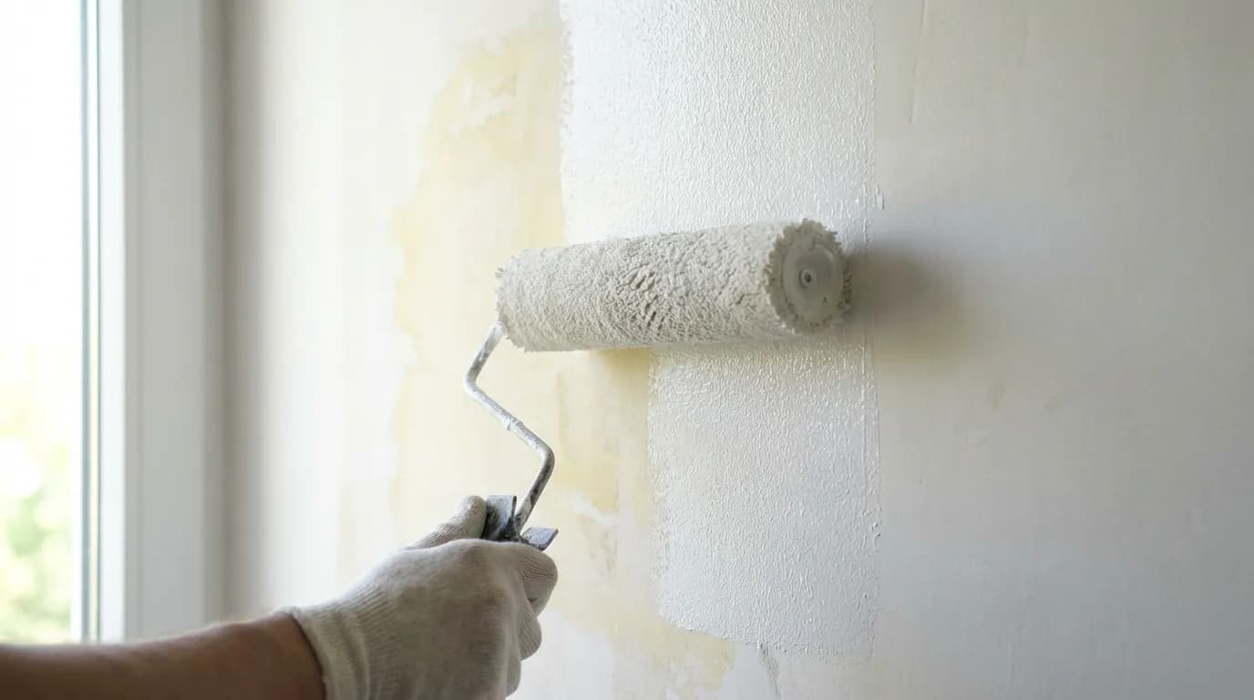 Repeindre le Mur pour une Finition Parfaite Image détaillée d'une main appliquant une couche de peinture blanche au rouleau sur un mur pour couvrir une ancienne tache, illustrant l'étape de la finition.