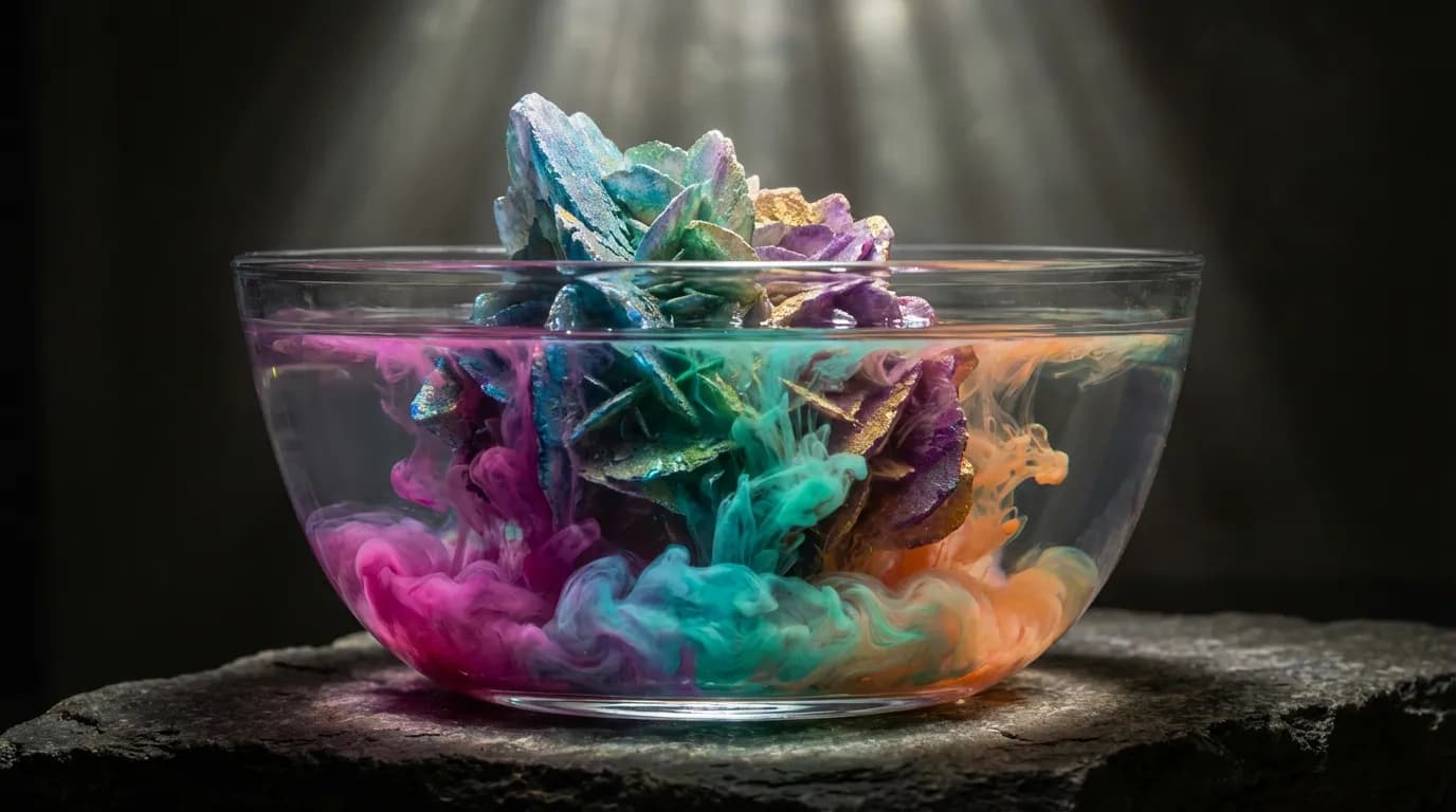 La Dissolution d'une Rose du Désert Colorée Une spectaculaire rose du désert égyptienne colorée se dissolvant dans un bol d'eau, ses couleurs artificielles se propageant dans le liquide, illustrant un effet à la fois beau et destructeur.