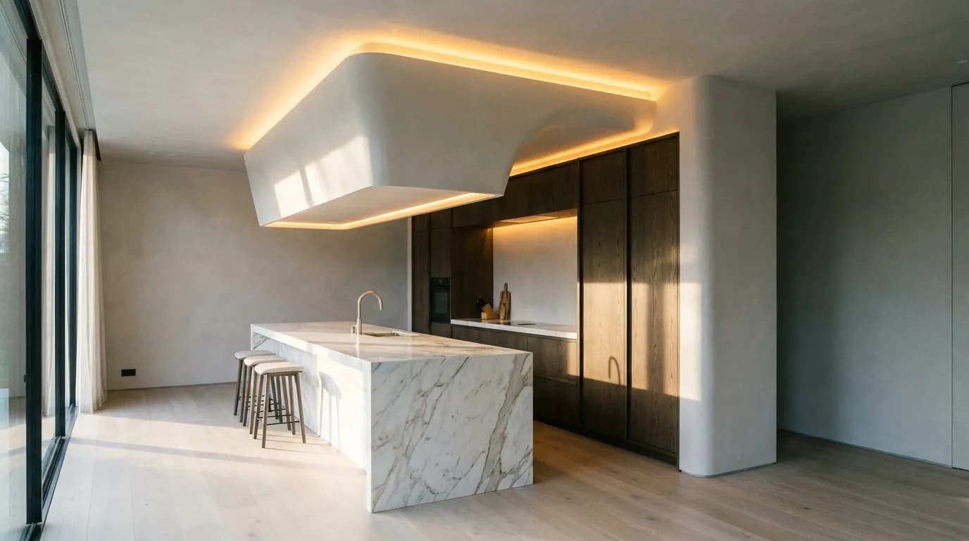 Cuisine Moderne avec Cartongesso Cuisine design ultra-moderne avec une structure en cartongesso sur mesure flottant au-dessus des pensili, rehaussée par un éclairage LED intégré.