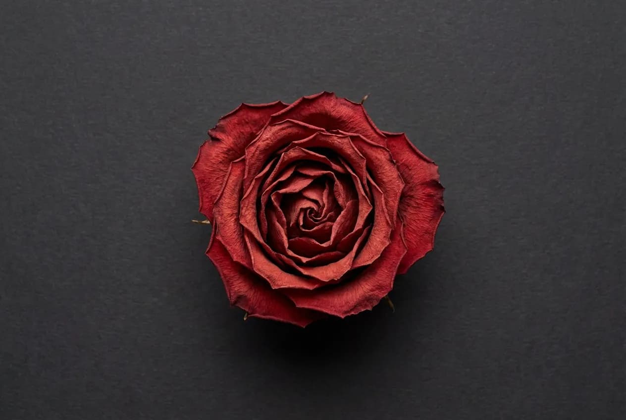 Rosa Secca: Come Farla e Usarla per Decorazioni Stupende Gros plan macro d'une unique rose rouge séchée, parfaitement conservée, sur un fond sombre minimaliste et contrasté.