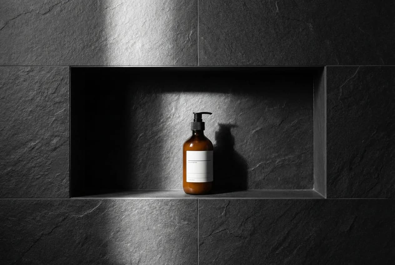 Altezza Nicchia Doccia: Guida a Misure Standard e Ideali Miniature d'une niche de douche parfaitement proportionnée, montrant l'altezza nicchia doccia idéale avec un flacon pour l'échelle.