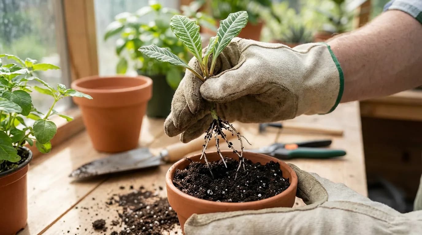 Propagazione dell'Euphorbia leuconeura per Talea Illustrazione del processo di moltiplicazione dell'Euphorbia leuconeura, con il rinvaso di una talea radicata in un nuovo vasetto.
