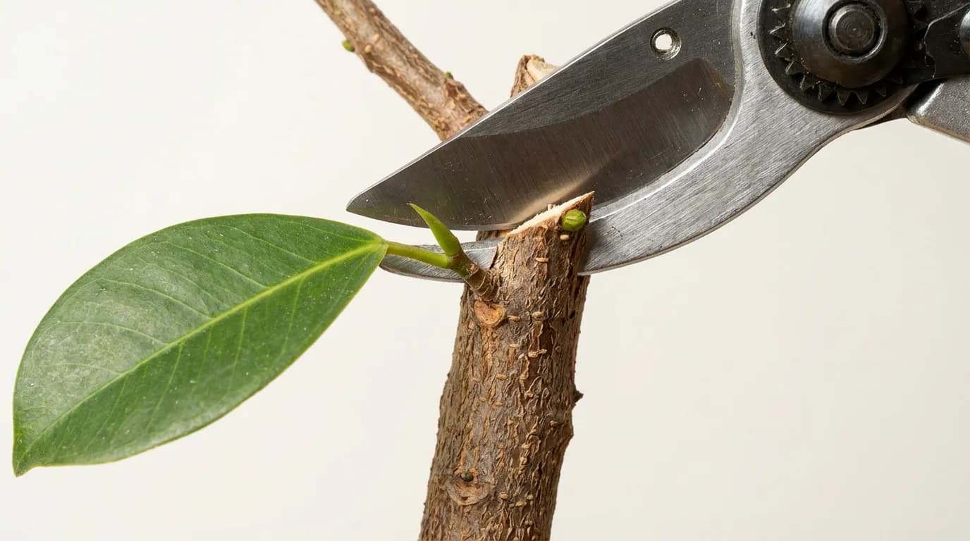 Technique de taille précise du Ficus Illustration de la technique de coupe correcte pour un ficus, montrant une coupe à 45 degrés juste au-dessus d'un nœud de feuille.
