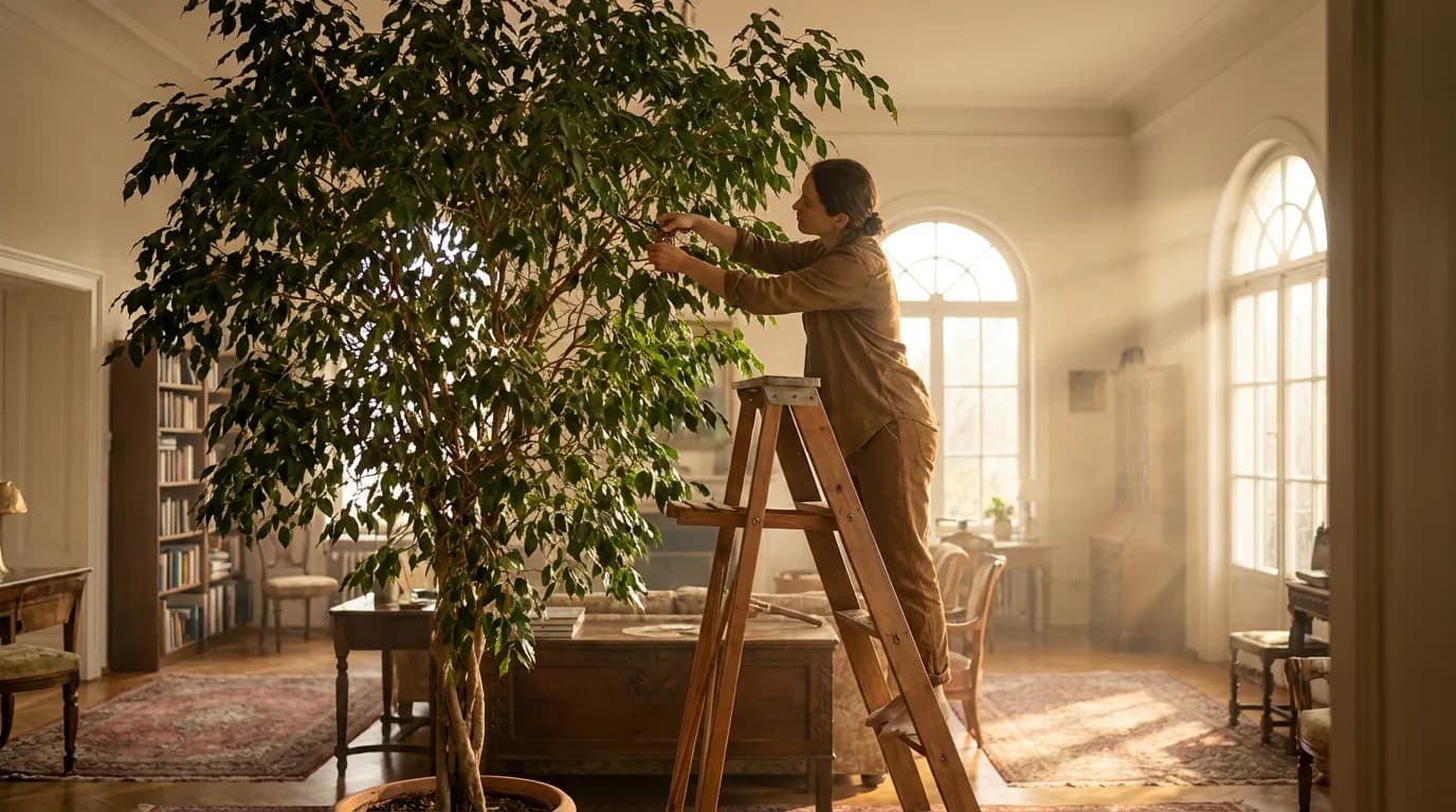 Taille d'un Ficus d'intérieur majestueux Une personne en train de tailler avec soin un grand ficus luxuriant qui atteint le plafond dans un salon lumineux et élégant.
