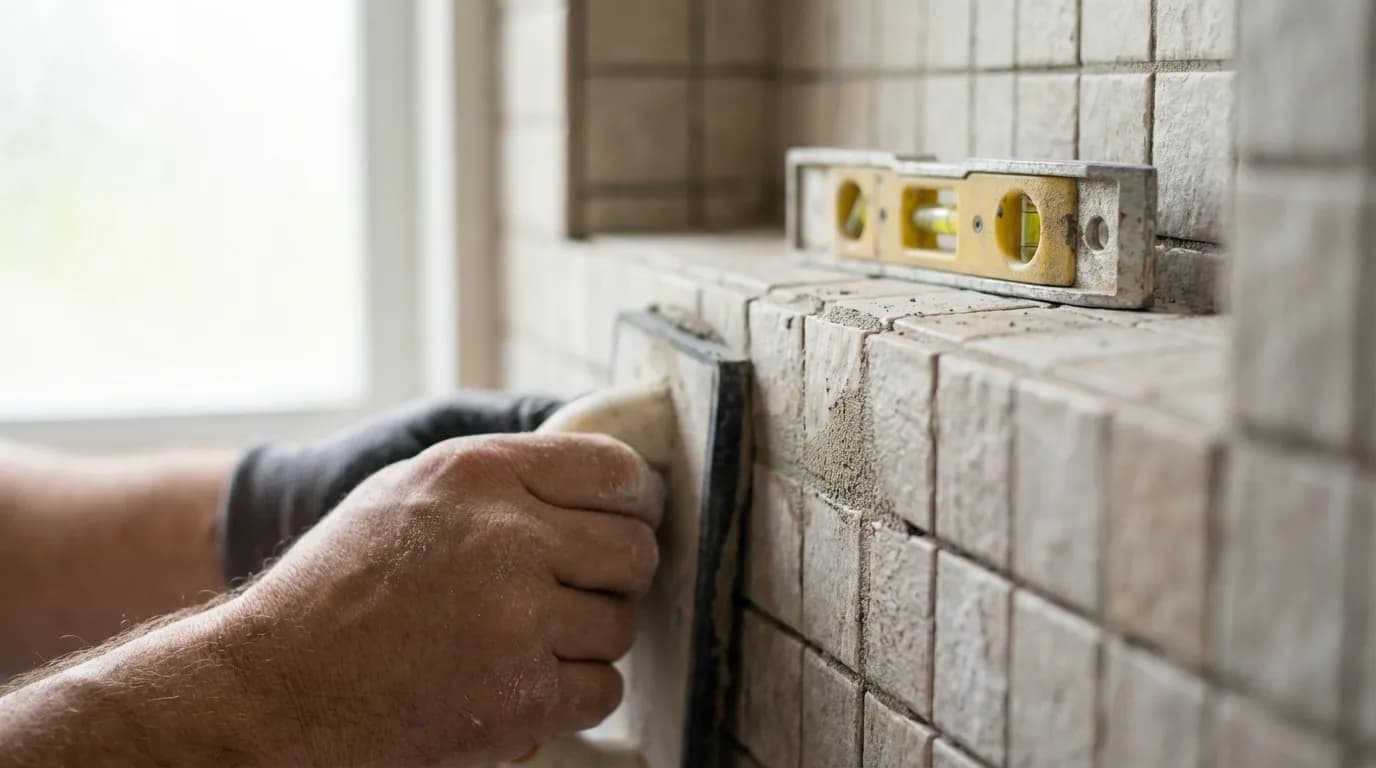Installation d'une Niche de Douche Illustration montrant les mains d'un artisan pendant l'installation précise d'une niche de douche, un aspect crucial pour éviter les erreurs communes de l'altezza nicchia doccia.