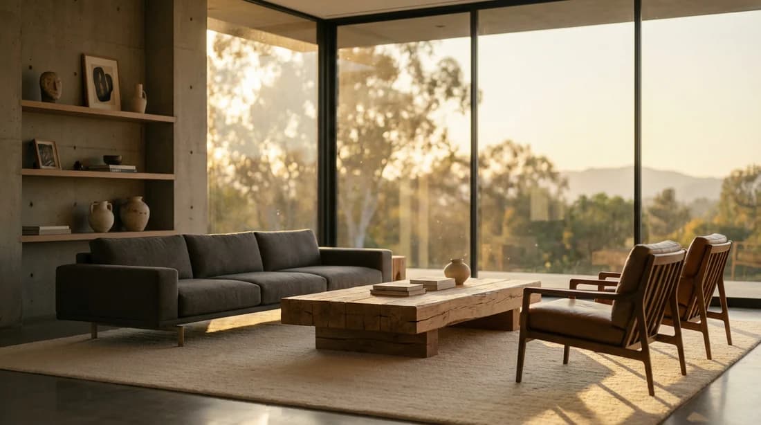 La Sérénité par l'Ordre Un salon minimaliste et luxueux, parfaitement ordonné, inondé par la lumière chaude du soleil couchant, symbolisant la sérénité qu'apporte une maison bien rangée.