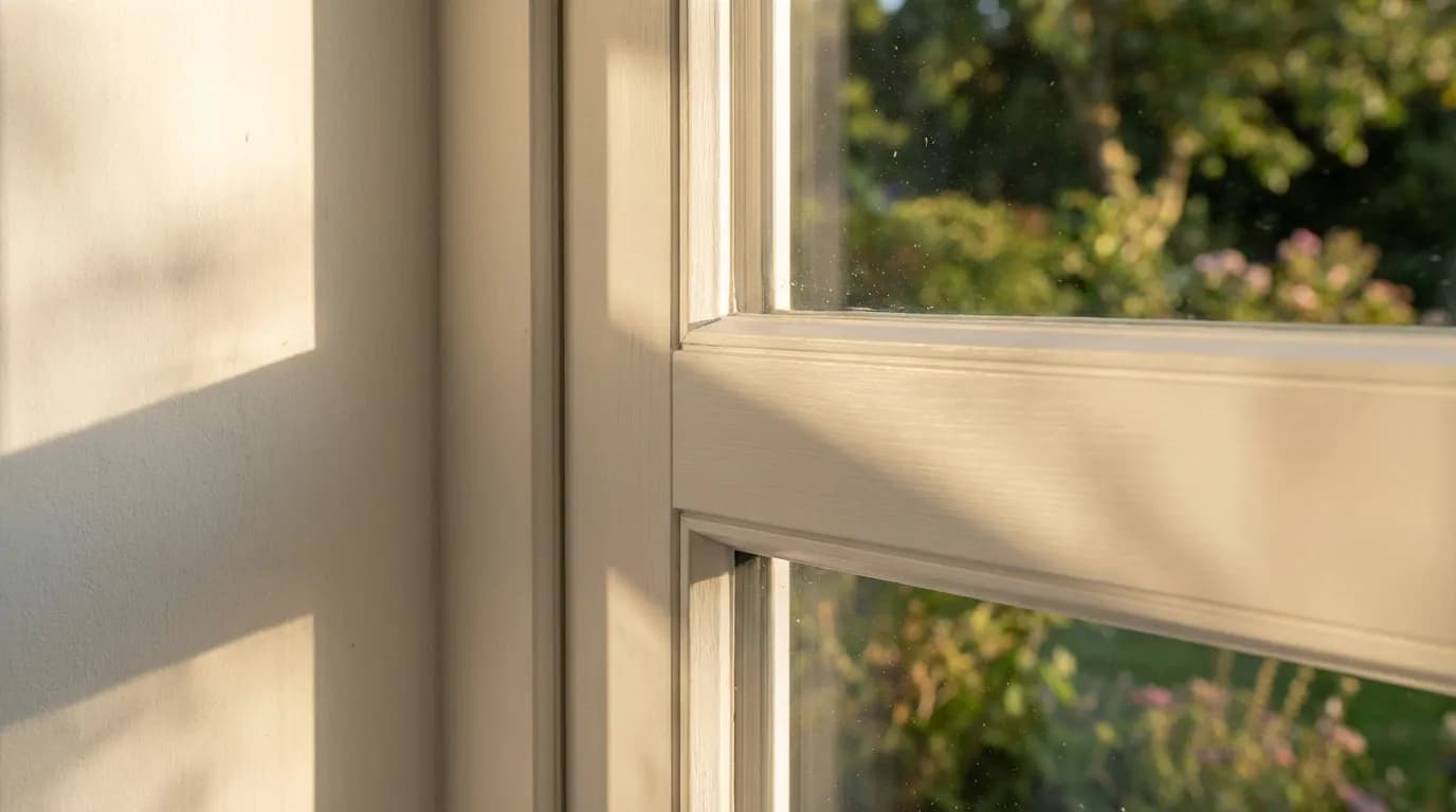 L'effet de la lumière sur la peinture RAL 9010 Gros plan d'un encadrement de fenêtre en bois peint en blanc pur RAL 9010, baigné par la lumière chaude du soleil, mettant en valeur la texture de la peinture.