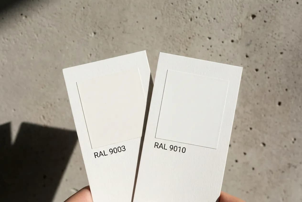 RAL 9003 vs 9010: Le Differenze per Scegliere il Giusto Bianco Gros plan sur deux nuanciers de peinture, RAL 9003 et RAL 9010, présentés côte à côte pour une comparaison directe de leur teinte.