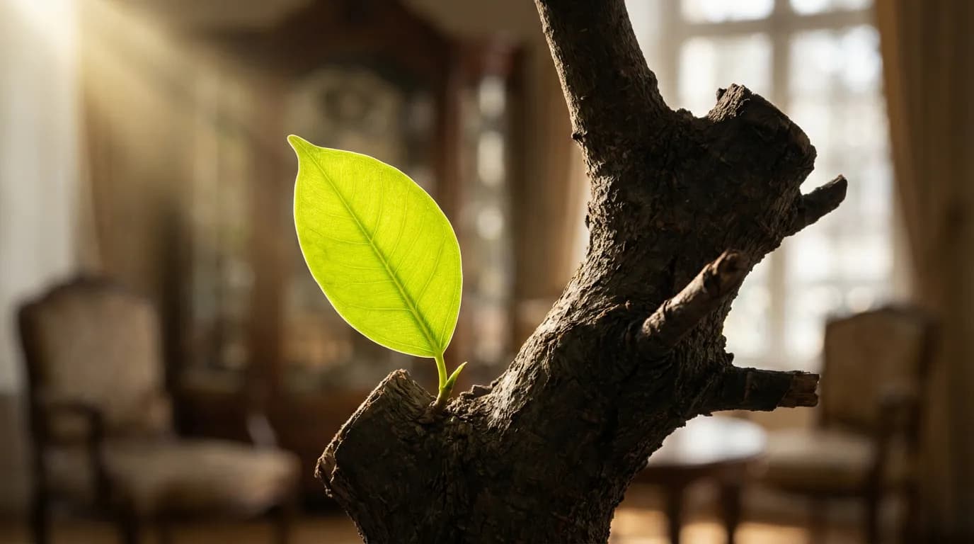 Renaissance du Ficus Benjamin Un Ficus benjamin après une taille drastique, avec une nouvelle feuille verte symbolisant la renaissance et la récupération de la plante.