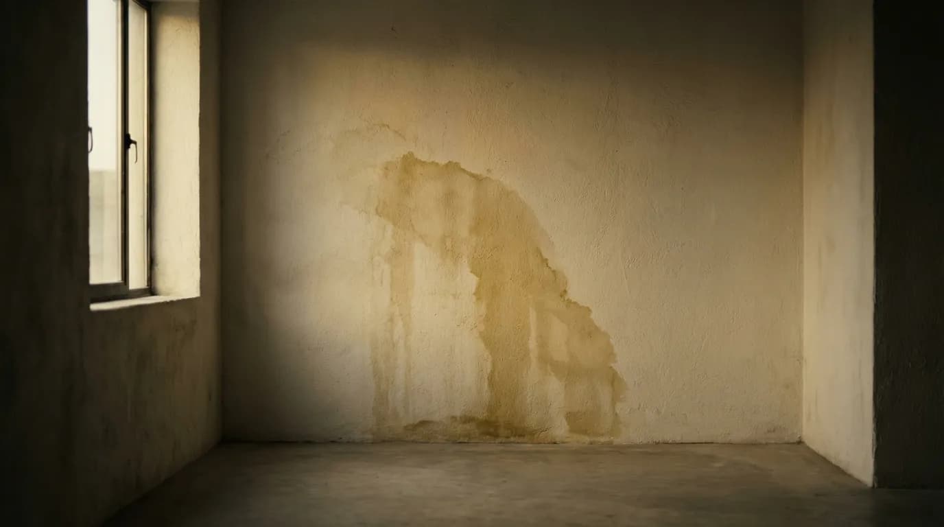 Mystérieuse Tache Jaune Murale Une grande et inquiétante tache jaune sur un mur blanc texturé, éclairée par une lumière cinématographique dramatique, symbolisant un problème d'humidité à résoudre.