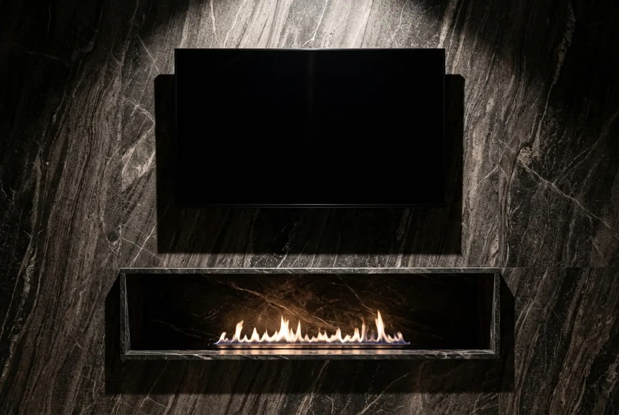 Guida a Camino e TV sulla stessa parete: Sicurezza e Design Gros plan minimaliste d'une cheminée moderne installée juste en dessous d'une télévision sur un mur design.