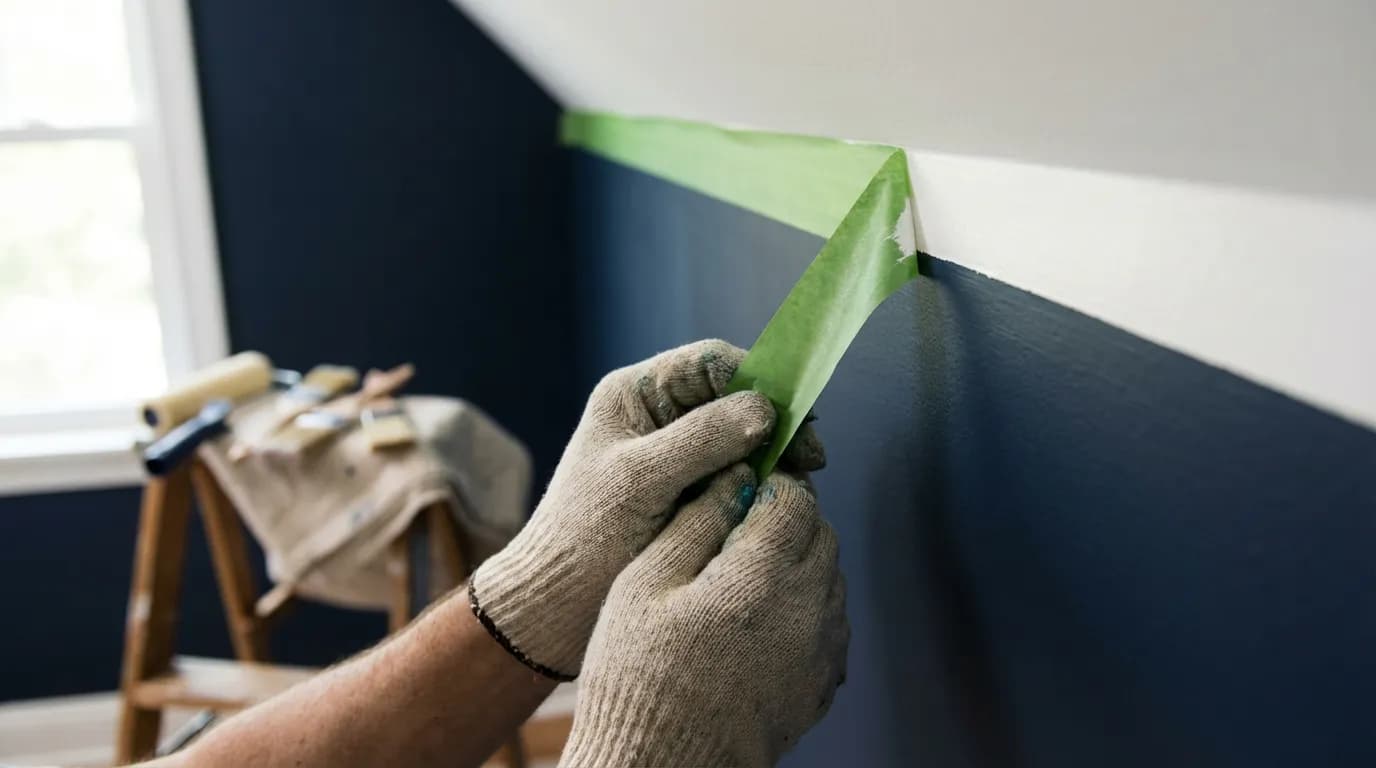 La Technique du Stacco Parfait Un peintre professionnel retire le ruban de masquage pour révéler une ligne de stacco nette et parfaite entre le mur et le plafond.