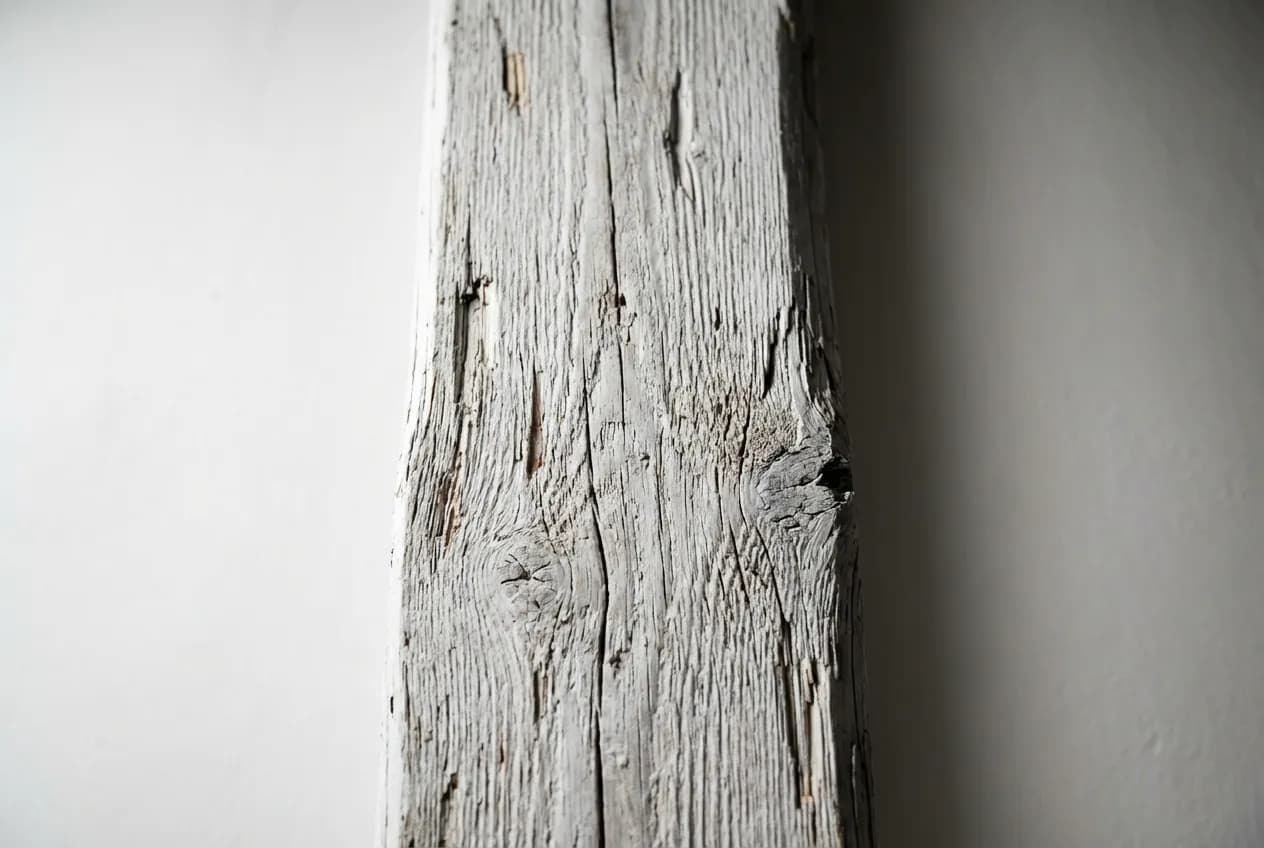 Travi a Vista Sbiancate: Guida Fai da Te, Costi e Idee Gros plan texturé d'une poutre en bois blanchie, mettant en évidence le grain du bois sous la peinture blanche.