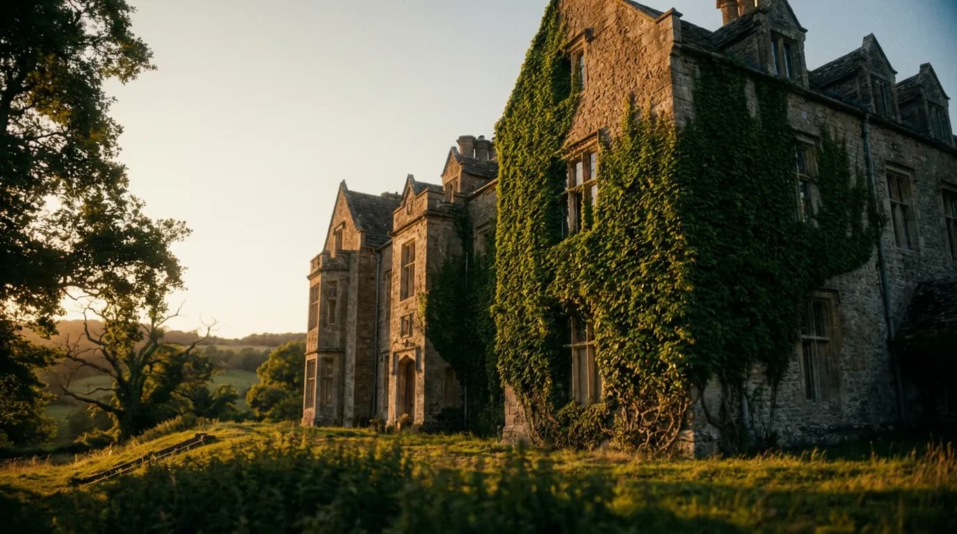 Casa Storica con Edera Rampicante Una maestosa facciata di una casa storica in pietra ricoperta di edera rampicante lussureggiante, illuminata dalla luce calda del tramonto che crea un'atmosfera epica e affascinante.