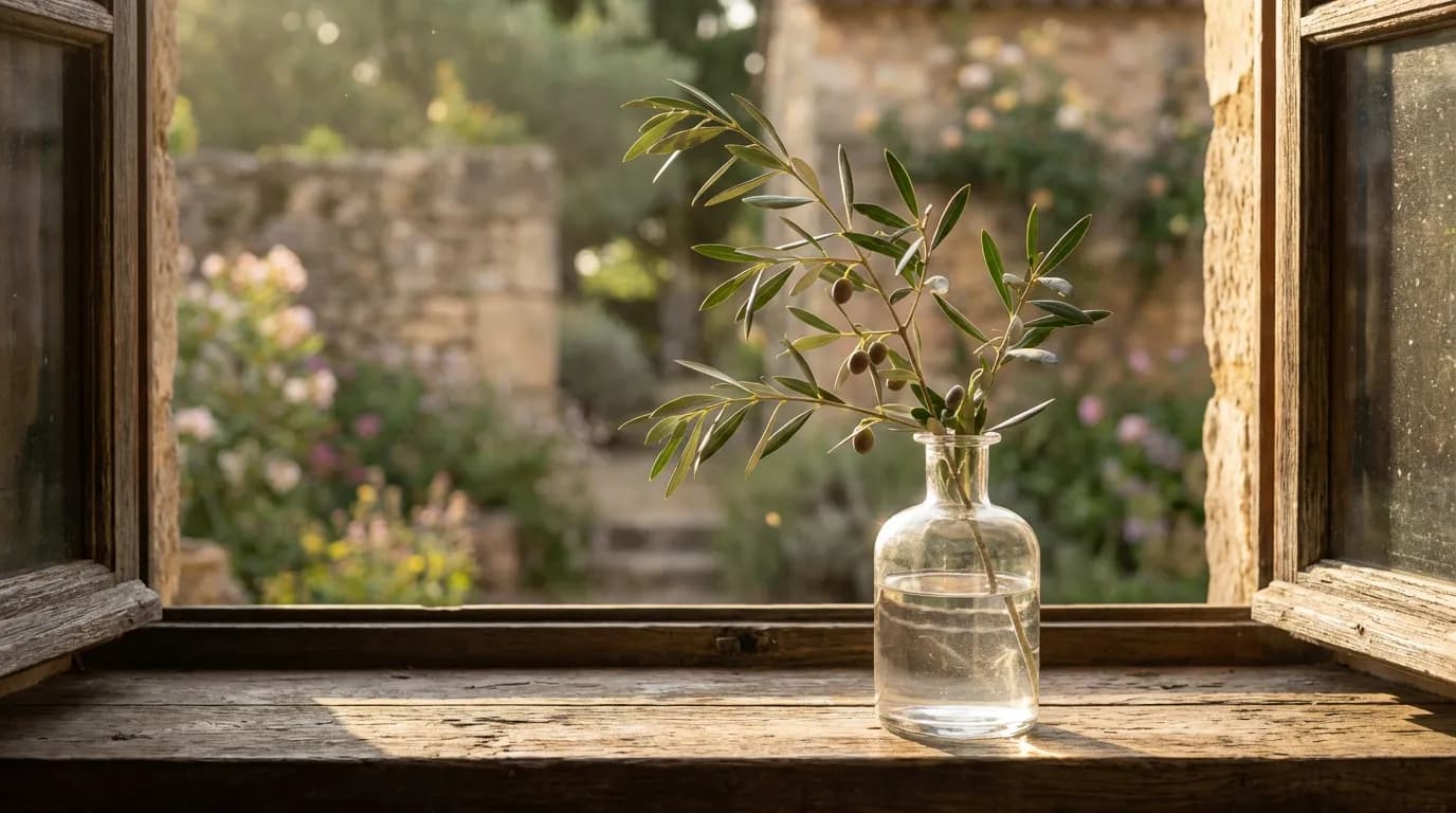 Talea di olivo in acqua al tramonto Talea di olivo in un vaso di vetro con acqua, posizionata su un davanzale di legno e illuminata dalla luce dorata del tramonto, a simboleggiare l'inizio del processo di radicazione.