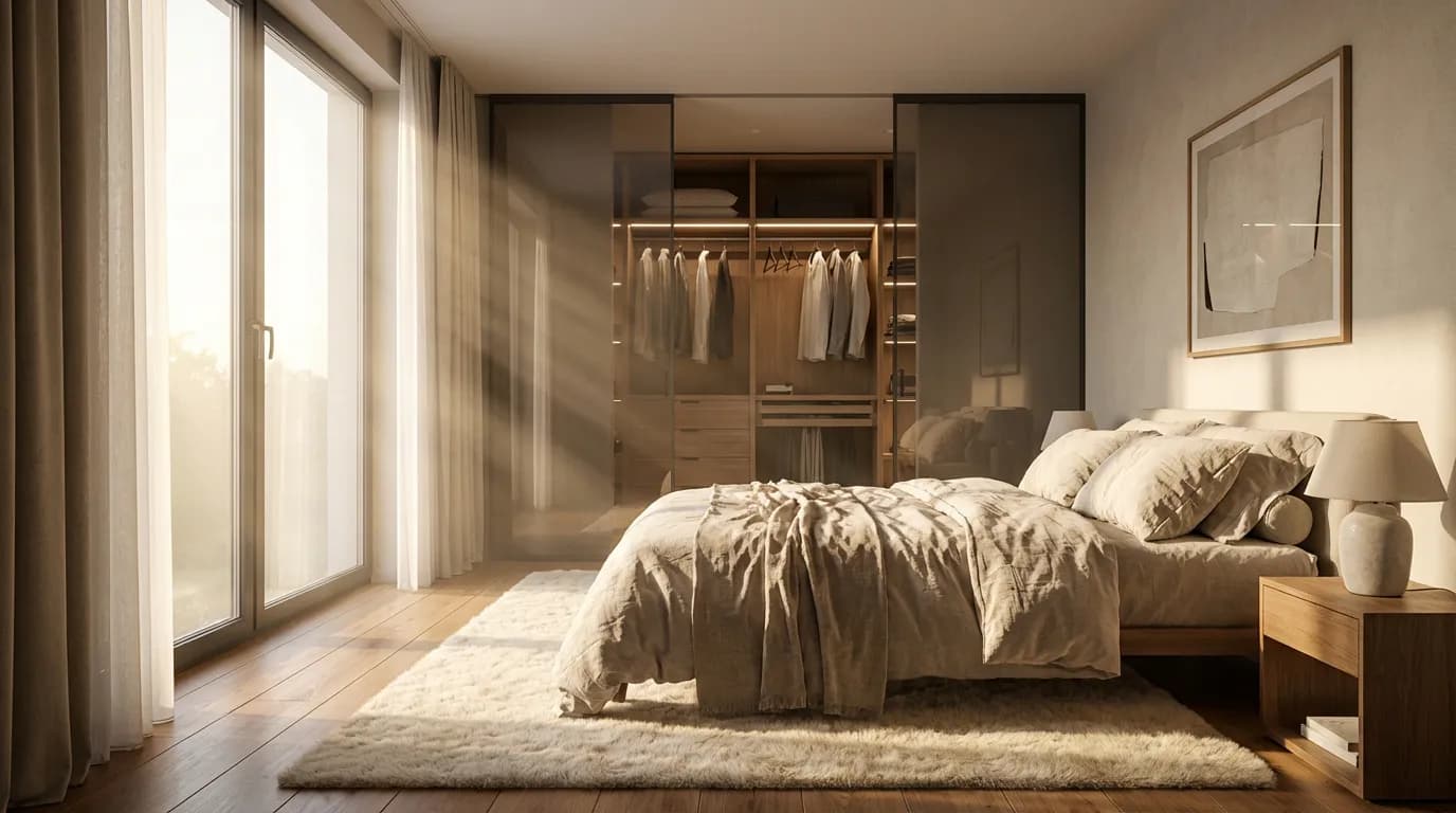 Chambre de 14m² avec Dressing Intégré Vue d'ensemble d'une chambre à coucher de 14m² impeccablement conçue avec une cabine de dressing intégrée, baignée d'une lumière matinale douce et chaleureuse.