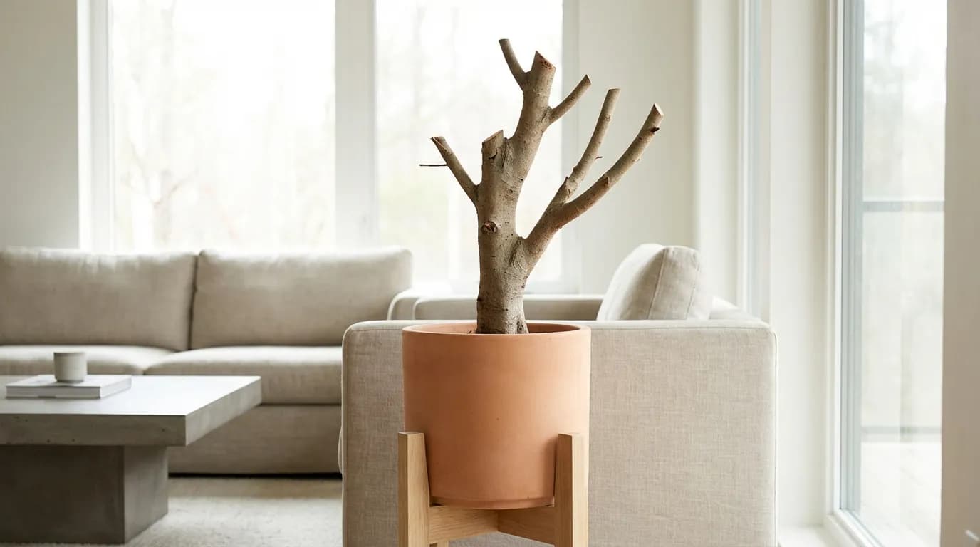 Le Ficus Benjamin Après la Taille Un Ficus benjamin dans un pot après avoir subi une taille drastique, montrant sa structure de branches nues prête pour une nouvelle croissance.