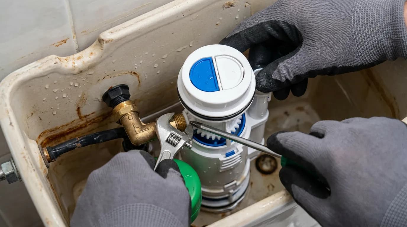 Installation d'un Nouveau Mécanisme WC Plombier en action remplaçant un ancien mécanisme de chasse d'eau à pas rapide par un système moderne et économique.