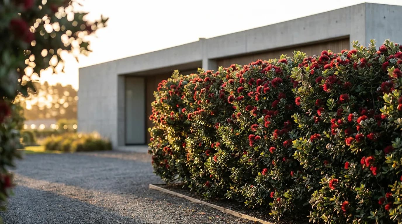 Haie de Metrosideros comme clôture de jardin Magnifique haie de Metrosideros en fleurs rouges servant de clôture luxuriante pour une maison moderne au coucher du soleil.