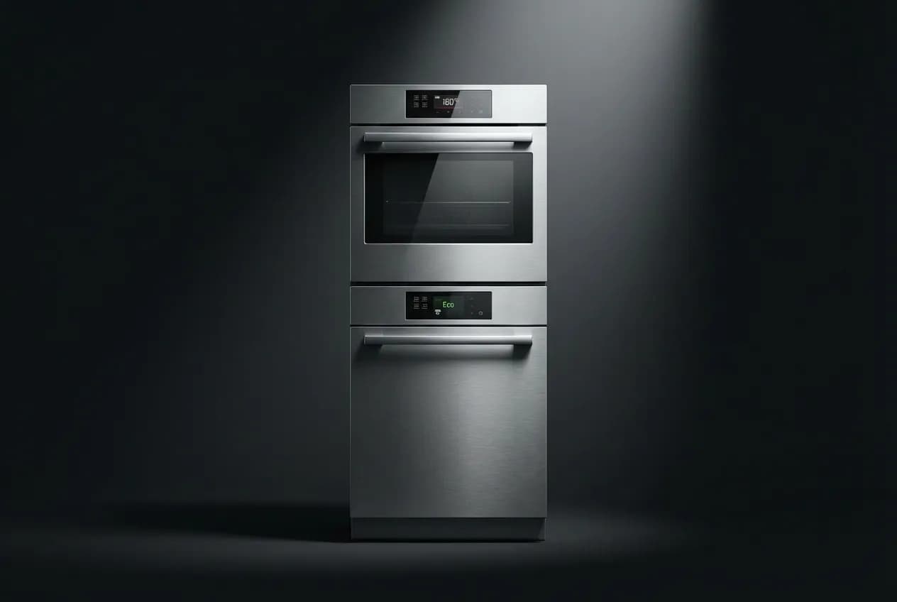 Colonna Forno e Lavastoviglie: Guida, Misure e Vantaggi Gros plan iconique d'une colonne d'électroménagers superposés, four et lave-vaisselle, avec un éclairage de studio à fort contraste sur fond sombre.