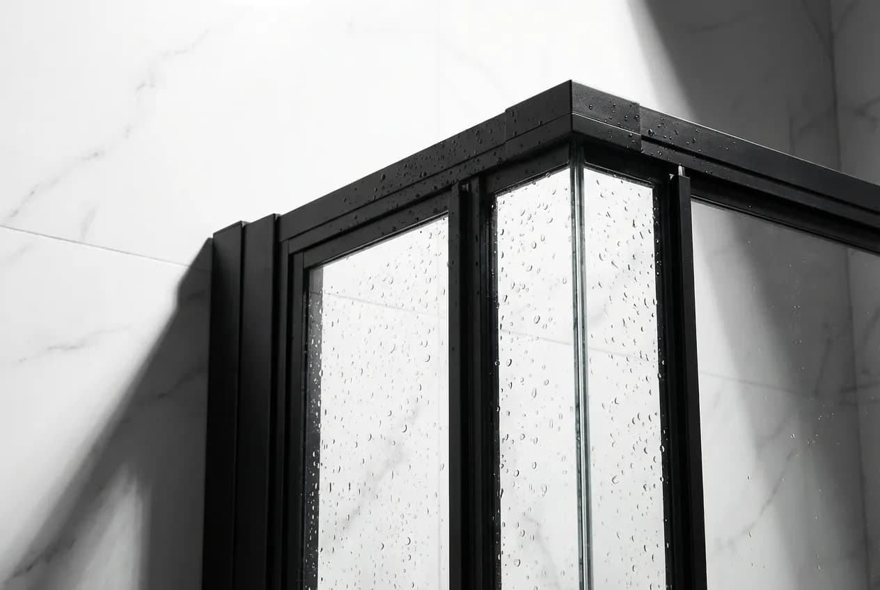 Finestra nella Doccia: Pro, Contro e Soluzioni Impermeabili Gros plan d'un coin de fenêtre de douche étanche avec des gouttes d'eau, illustrant la qualité des matériaux.