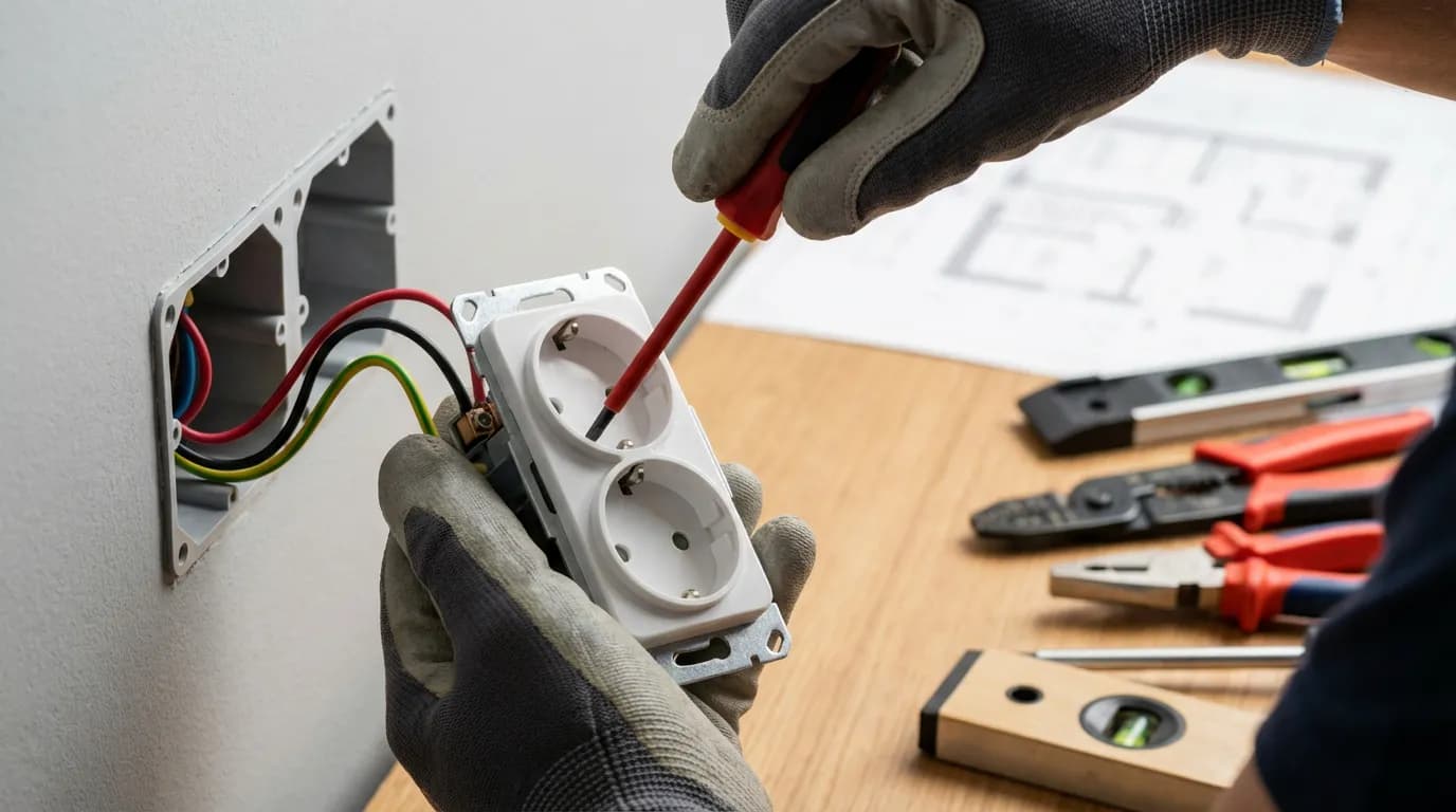 Installation de prises aux normes Mains d'un électricien professionnel installant avec précision une double prise dans un boîtier, respectant la norme CEI 64-8.